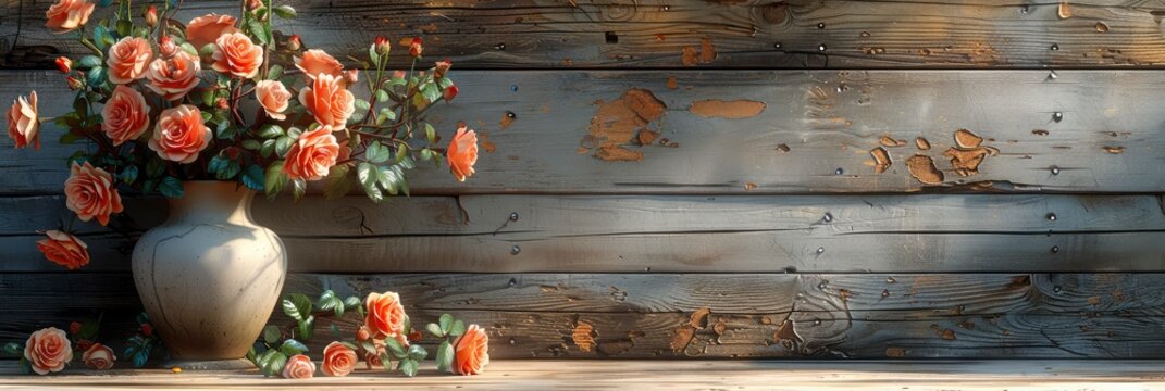 Beautiful Pastel Roses Vase On Rustic, Banner Image For Website, Background, Desktop Wallpaper