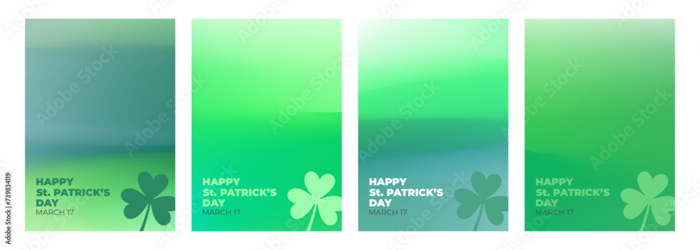 Aufkleber Happy St. Patrick's Day celebration set. Green blurred backgrounds with shamrock symbol for Paddy's Day holiday greetings and invitations. Vector illustration.