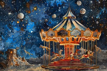 Fototapeta premium A painting of a merry go round covered in snow, with colorful horses frozen in motion against a white winter backdrop. Generative AI