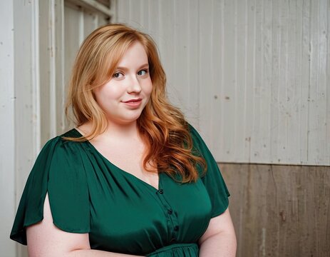 Plump chubby young woman in green dress
