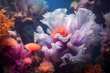 A detailed close-up shot of a colorful sea anemone inside an aquarium, showcasing its tentacles and vibrant hues. Generative AI