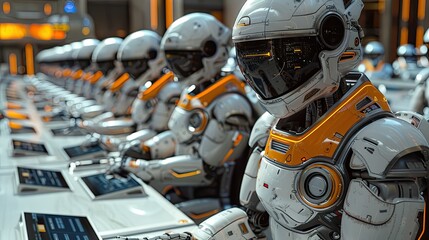 Color photo of new computers and phones in the background, with an AI style Robot in the foreground