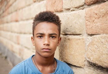 Fototapeta premium Lonely sad african american teenager boy against an urban old wall. Young homeless boy.