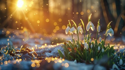 banner blossom snowdrops on a clearing in the snow in spring, spring concept, nature awakening