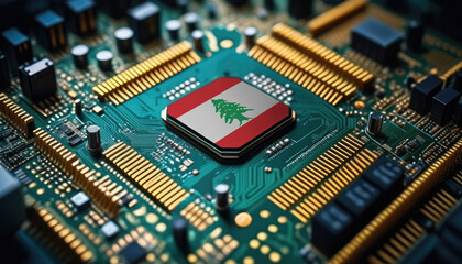 Obraz premium Lebanon flag on a processor, CPU or microchip on a motherboard. Concept for the battle of global microchips production.