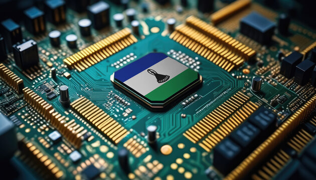 Lesotho flag on a processor, CPU or microchip on a motherboard. Concept for the battle of global microchips production.