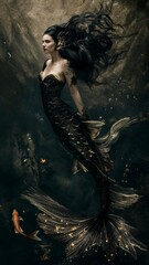 Elegant Mermaid with Golden Tail Gliding Underwater