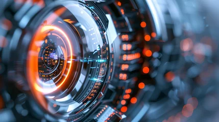 Foto op Aluminium lens futuristic technology center data orange blue, motherboard link, modern abstract tech background with concentric circles and light flares in motion © pier
