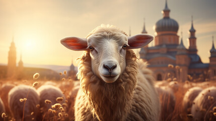 Sheep with mosque in background, Islamic backgrounds, Eid ul adha backgrounds, Meaty eid mubarak. - obrazy, fototapety, plakaty