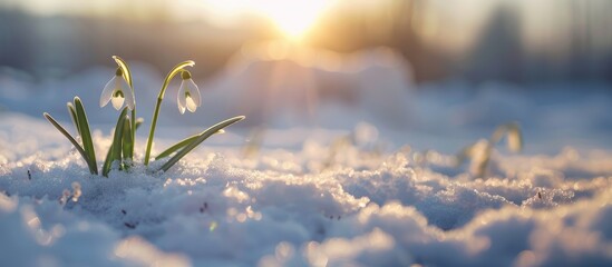 banner blossom snowdrops on a clearing in the snow in spring, spring concept, nature awakening - obrazy, fototapety, plakaty