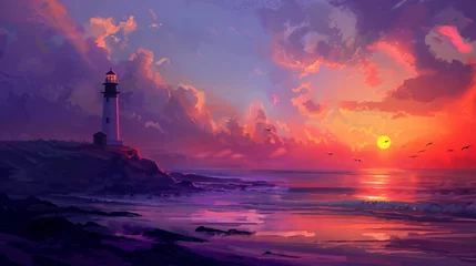 Gordijnen Lighthouse at sunset on the coast. © Salman