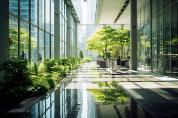 Corporate luxury modern interior. Business open space. Hotel lobby. Business modern glass company office building. High glass walls. Green interior with many plants - 739837330