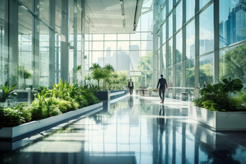 Corporate luxury modern interior. Business open space. Hotel lobby. Business people walking in modern glass company office building. High glass walls - 739837341