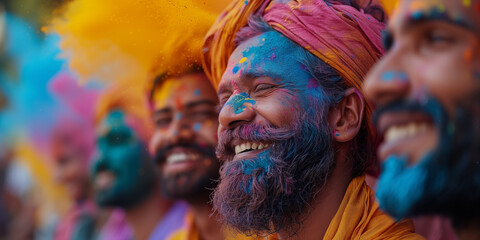 Fototapeta na wymiar Banner with smiling indian men celebrating Holi holiday with color powder. Banner with copyspace. Holi color festival concept. Shallow depth of field.