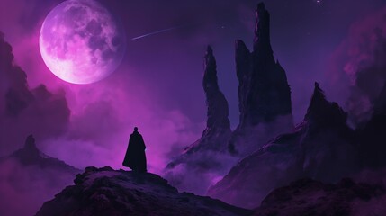 man wearing cape walking in desolated wasteland under purple full moon sky, fantasy scenery background wallpaper, Ai Generated - obrazy, fototapety, plakaty