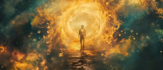 man walking into burning tunnel way path to other world, fantasy scenery background wallpaper, Ai Generated