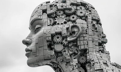 Artistic representation of a human profile with interlocking gears and cogs forming the brain, symbolizing innovation, creativity, and cognitive processes - obrazy, fototapety, plakaty