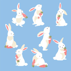 cute rabbits with carrot different poses cartoon set isolated light green background vector illustration - obrazy, fototapety, plakaty