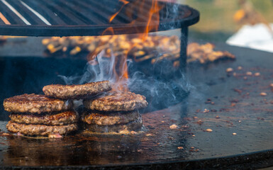 Grilled burger patties by the campfire.
