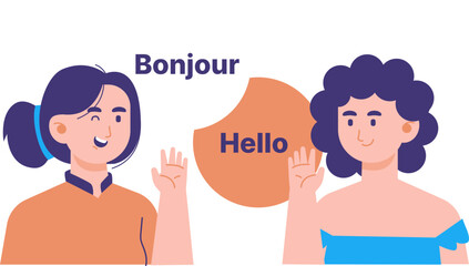 Female character greeting saying bonjour with french on world mother tongue day © Monsters Visual