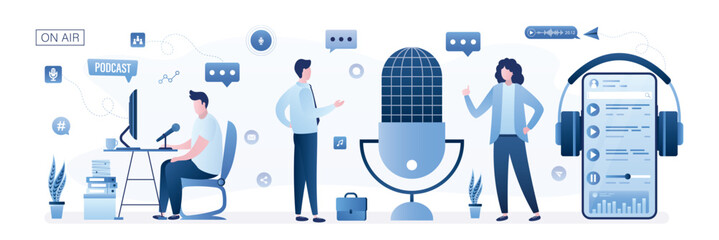 Podcast, radio, live show. Media host at workplace. Podcaster, blogger or broadcaster at workspace. Characters create media content. Online interview.