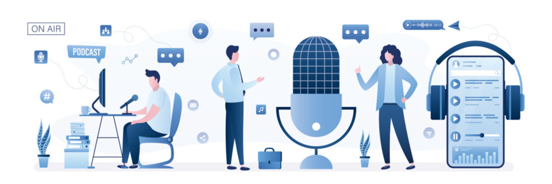 Podcast, radio, live show. Media host at workplace. Podcaster, blogger or broadcaster at workspace. Characters create media content. Online interview.