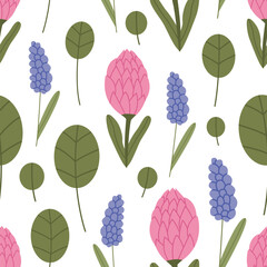 Protea artichoke and leaves seamless pattern