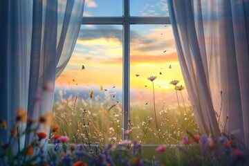 window with curtains, behind which you can see a blooming field, concept nature, ecology