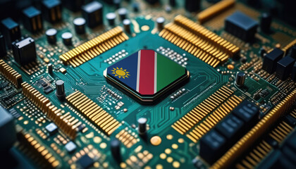 Namibia flag on a processor, CPU or microchip on a motherboard. Concept for the battle of global microchips production.