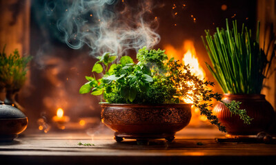 plate with herbs and incense on a forest background. Selective focus.