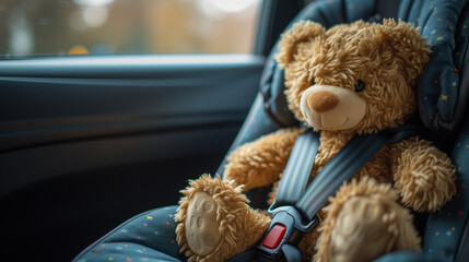 Teddy bear in a child car seat in the car