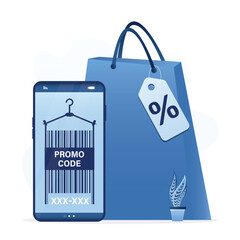 Mobile phone with barcode and promo code coupon on screen. Giant shopping bag with discount tag. Seasonal sale, shopping, purchase. Promotion campaign, marketing or retail concept.