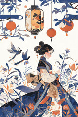 chinoiserie dress woman among flower and bird, animated style