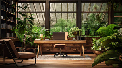 Office room with wooden desk, office interior with flowering plants Ornamental plants create a pleasant atmosphere for working.
