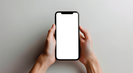 mokcup, close-up photograph of hands holding a smartphone with a blank screen.  transparent screen PNG