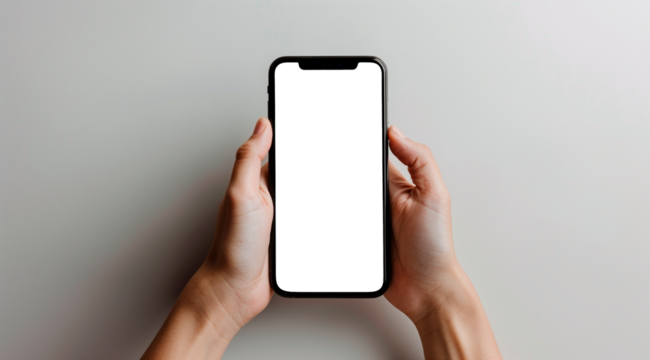 mokcup, close-up photograph of hands holding a smartphone with a blank screen.  transparent screen PNG