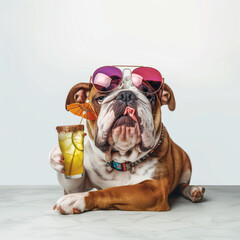 Coole Bulldogge mit Sonnenbrille und Cocktail