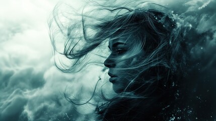 a woman close up face in windy stormy atmosphere, negative emotion and feeling concept, Ai Generated