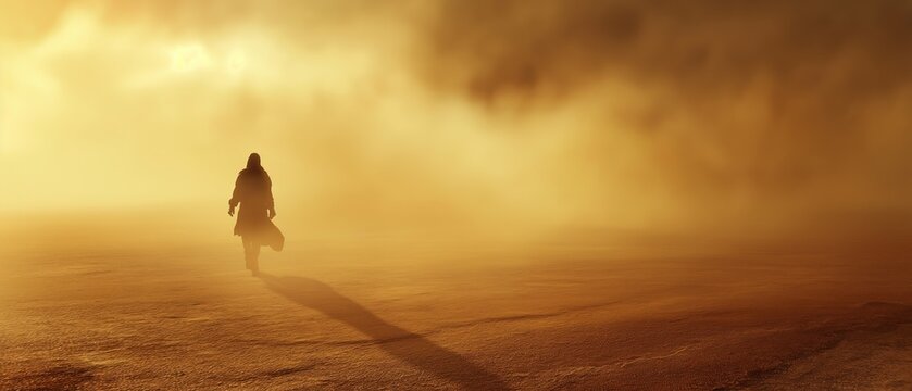 a man walking into sandstorm in desert, Ai Generated