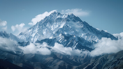 Fototapeta premium A mountain peak, with snow-capped summits glistening in the distance as the background, during a hike on the longest day of the year