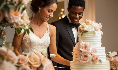Happy african american bride and groom cutting wedding cake in restaurant - obrazy, fototapety, plakaty