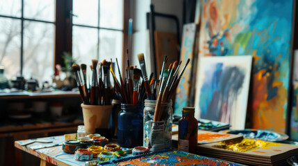 Fototapeta premium Painting Art studio interior with panting tools and artworks
