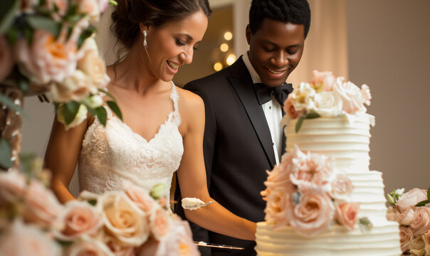 Happy african american bride and groom cutting wedding cake in restaurant