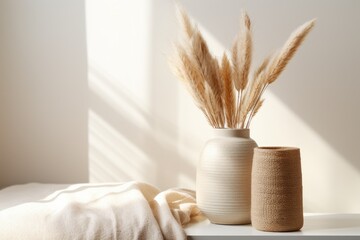 Scandinavian Cozy Home Decor - Ceramic Vase with Pampas Grass and Beige Linen Towel. Aesthetic