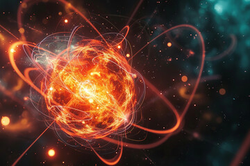large atom model on blurred  blue background, futuristic fractal patterns, nanopunk