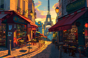 A vibrant snapshot of Parisian street life showcasing iconic landmarks like the Eiffel Tower and colorful cafes during sunset, no visible faces
