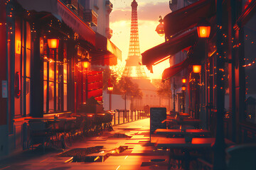 A vibrant snapshot of Parisian street life showcasing iconic landmarks like the Eiffel Tower and colorful cafes during sunset, no visible faces