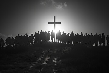 Calvary cross, people standing at the cross, regret, feelings mixed with victory, natural light