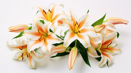 Pure Beauty of Easter Lily Flowers Bouquet. Close-Up of Spring Bridal Floral Arrangement on White