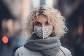 Protective Woman: Navigating a Dangerous City with a Virus Face Mask for Smog, Allergy and Disease